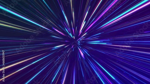 4K light burst tunnel background. Blue and purple speed of light space technology animation video photo