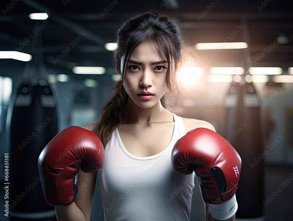 portrait of a woman wearing boxing gloves