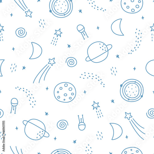 Space and planet seamless pattern for kids. Hand drawn stars background in cartoon style Use for prints, wallpaper, decorations, textiles. Vector illustration