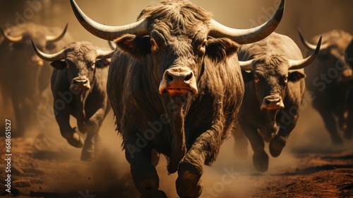 Group of bulls with horns. Generative AI. photo
