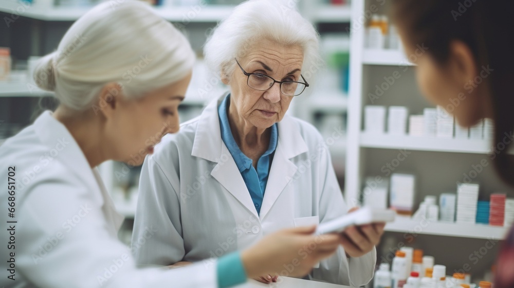 senior pharmacist and patient. Generative AI. senior pharmacist and patient. Generative AI.