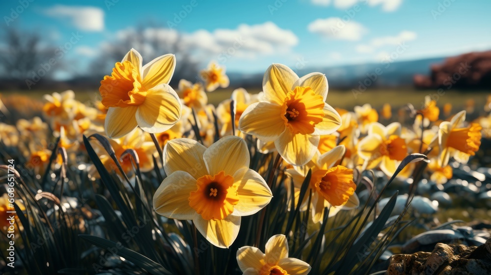 Group of yellow daffodils in spring. Generative AI.