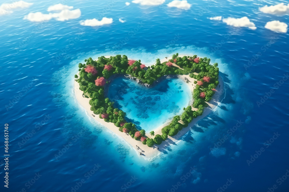 Fototapeta premium Aerial view of a heart shaped tropical island