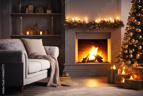 A room fully decorated for Christmas, with fireplace and a Christmas tree