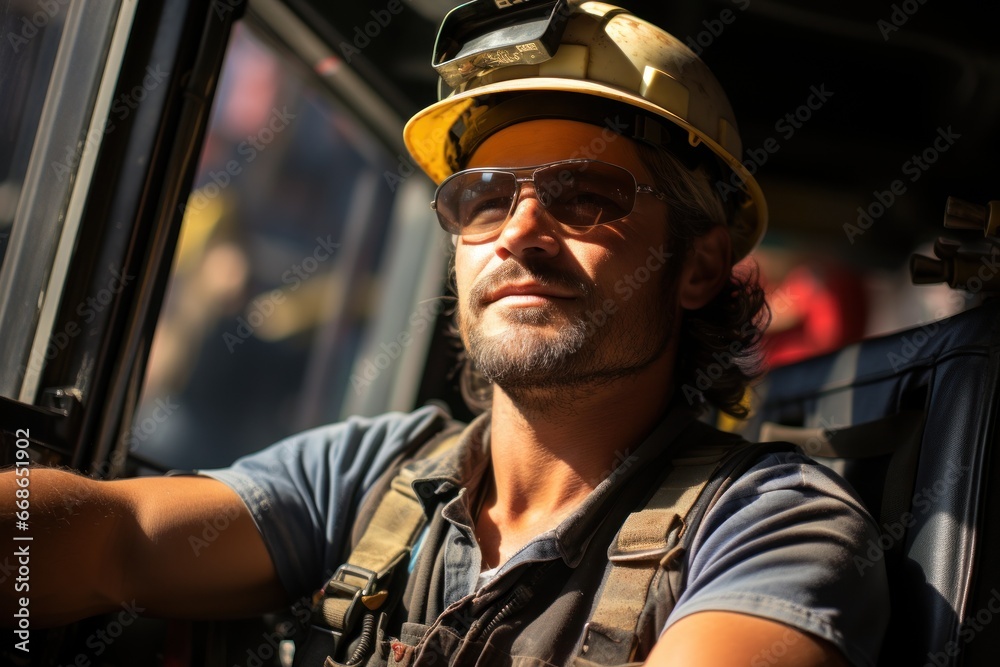 Construction crane operator in a yellow helmet Construction crane operator in a yellow helmet
