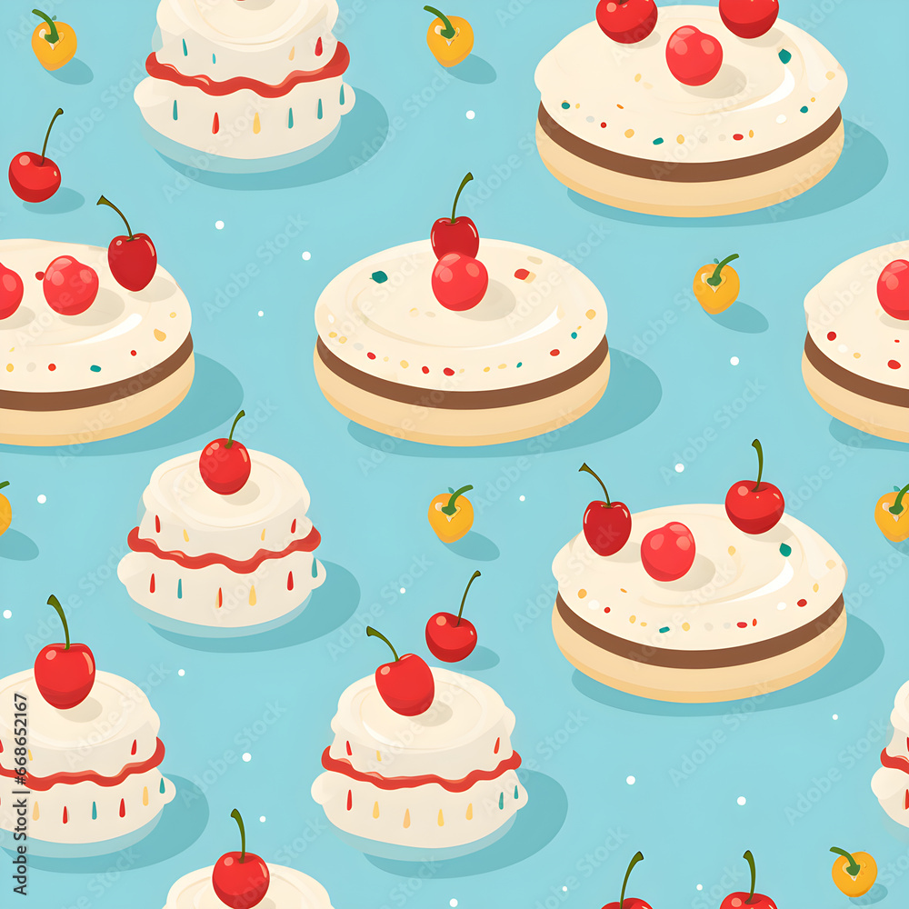 Cute cartoon cake, dessert, sweet, delicious, Happy Birth Day, vector, seamless, background pattern Cute cartoon cake, dessert, sweet, delicious, Happy Birth Day, vector, seamless, background pattern