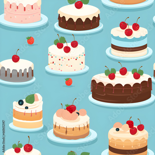 Cute cartoon cake, dessert, sweet, delicious, Happy Birth Day, vector, seamless, background pattern