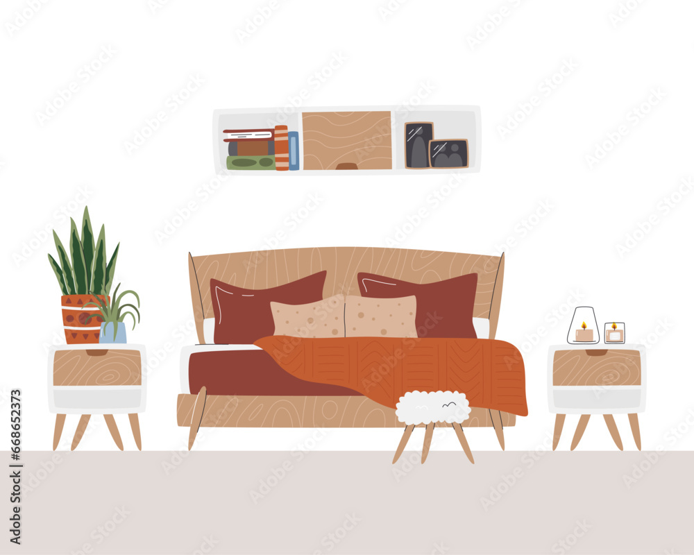 Cozy sleeping room with books and family photos. Domestic interior design with candles and plants for relaxing and resting. Bedtime concept scene. Master bedroom hand drawn flat vector illustration