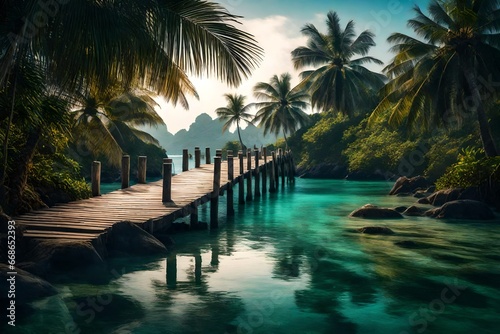 The wooden bridge overlooking the sea leads to an island with palm trees. It's a rope bridge