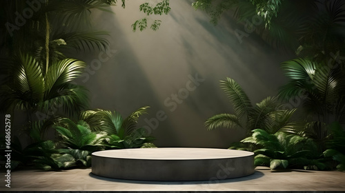 Concrete Podium In Tropical Forest For Product Presentation And Green Wall. 3D Render Illustration, Gererative AI