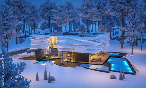 3d rendering of cute cozy modern house with bionic natural curves plastic forms with parking  and pool for sale or rent with beautiful landscape. Cool winter night with stars in sky.