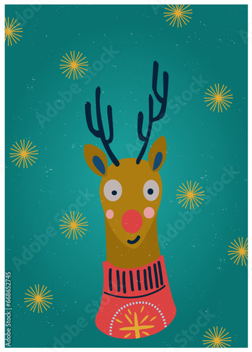 Recurso para navidad de la cara del reno de Santa Claus, Rodolfo. Tarjeta de navidad en formato vectorial. photo