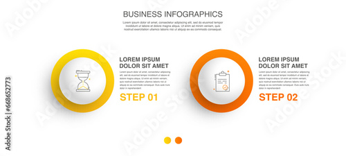 Infographic vector template for business. 3D paper label with 2 circles and steps. Flat modern timeline for content, diagram, presentation, workflow, chart.
