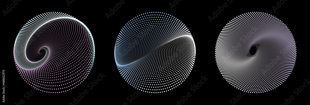 A vector illustration features a geometric spiral composed of colorful dots against a black background. This stylish design element is well-suited for framing, circular icons, signage, and symbols - obrazy, fototapety, plakaty 