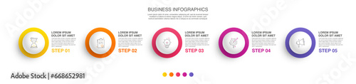 Infographic vector template for business. 3D paper label with five circles and steps. Flat modern timeline for content, diagram, presentation, workflow, chart.