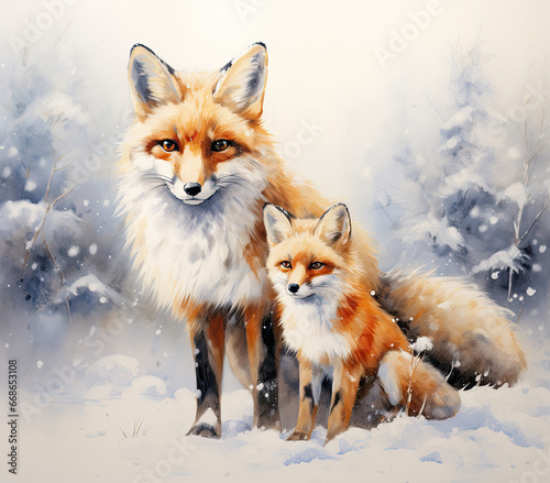 watercolour red fox in snow