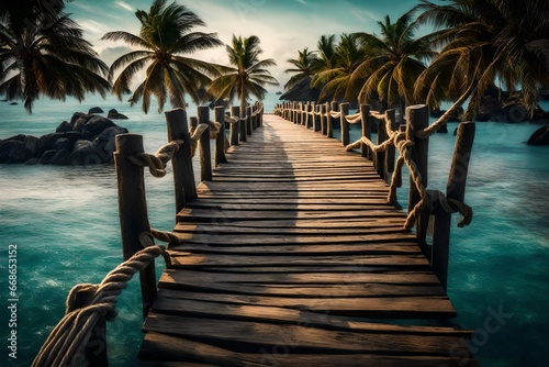 The wooden bridge overlooking the sea leads to an island with palm trees. It's a rope bridge photo
