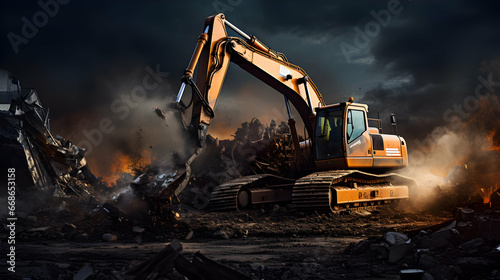 Crawler excavator front view digging on demolition site,generated with Ai