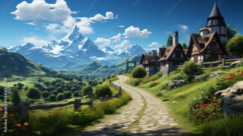 Illustration of cute small village on mountain. Generative AI. Illustration of cute small village on mountain. Generative AI.