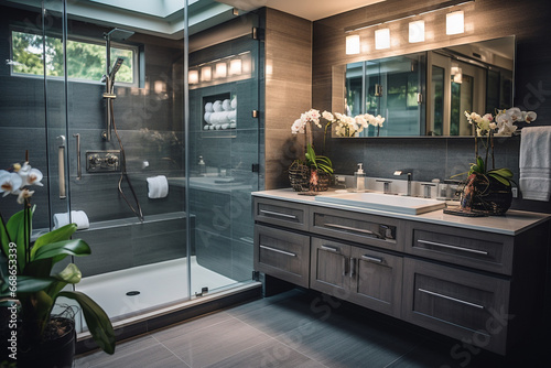 luxurious renovated bathroom with sleek fixtures, beautiful tilework, and a spa-like atmosphere. The photo should emphasize the elegance and comfort of the space. Photo photo