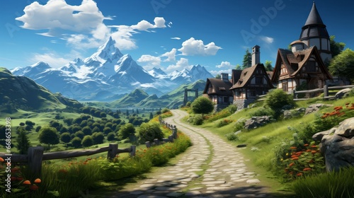 Illustration of cute small village on mountain. Generative AI.