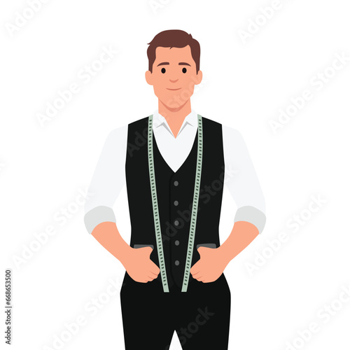 Young man tailor with a measuring tape around his neck. Flat vector illustration isolated on white background