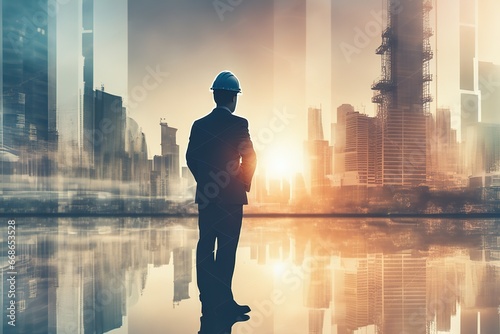 Double exposure image of construction worker holding safety helmet and construction the background of surreal construction site in the city.AI generated