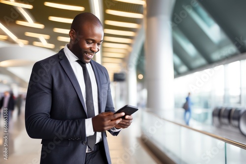 Photo of a smiling middle aged African American man in front with a smartphone at the airport. He checks online registration through a smartphone app or chats online with friends.