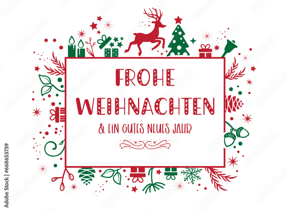 Weihnachtsgrüße mit dekorativem rot-grünem Wintermotiv und deutschem Text