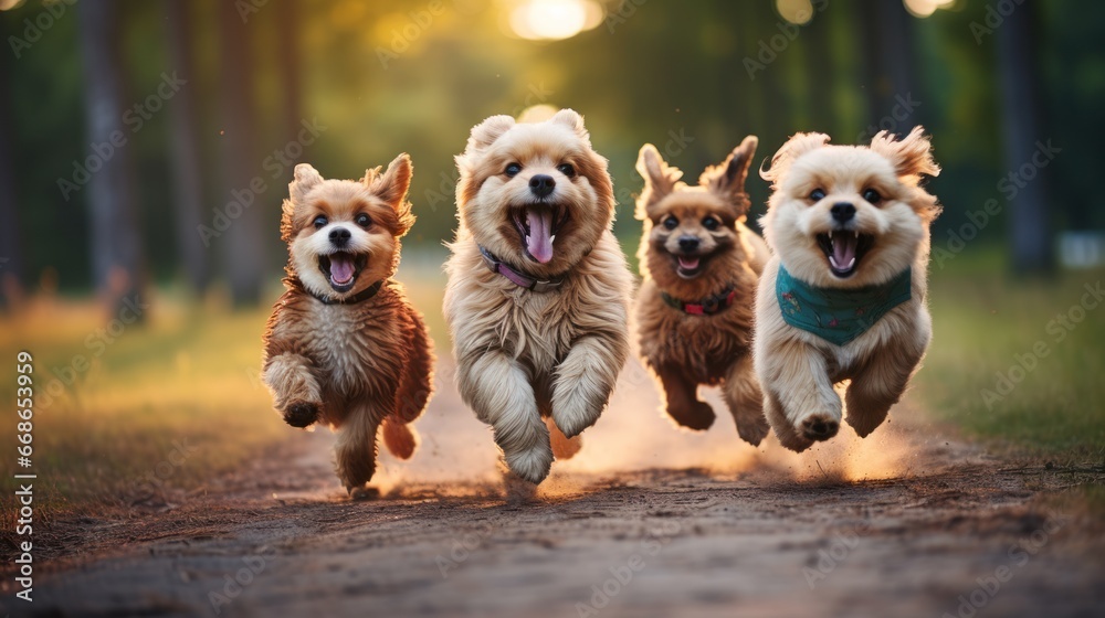 Group of cute dogs running and playing on the green grass in the park, Group of cute dogs running and playing on the green grass in the park,