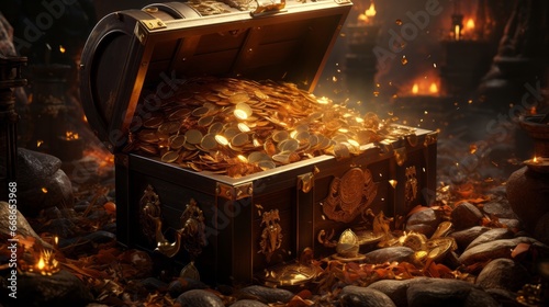 Illustration of opened treasure chest full. Generative AI.
