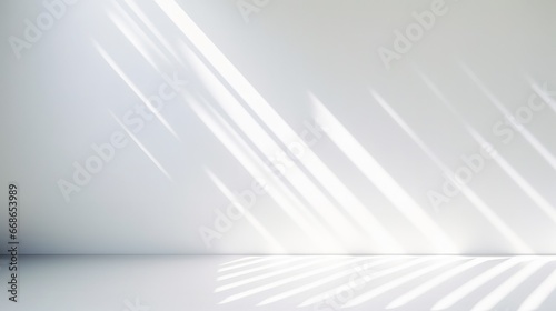 White room with diagonal white rays of sun, reflections and refractions, neutral white background photo