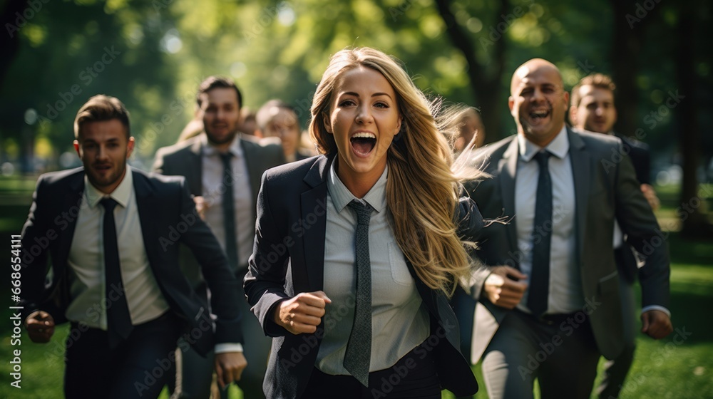 group of business men business woman Cute funny people running and playing on the green grass in the park group of business men business woman Cute funny people running and playing on the green grass in the park