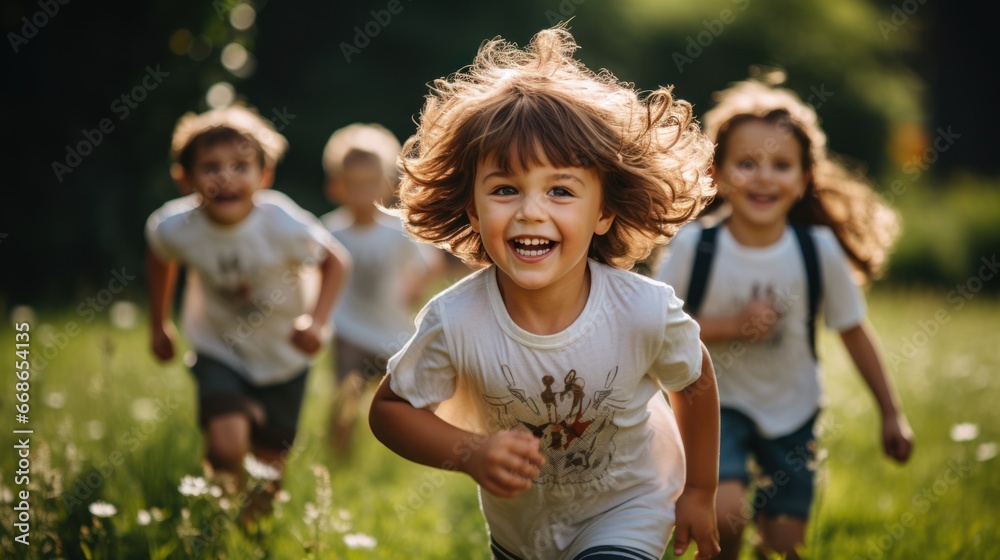 Group of boys and girls Cute girl running on the green grass in the park.