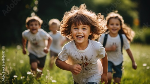 Group of boys and girls Cute girl running on the green grass in the park.