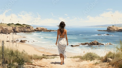 Illustration of woman on perfect beach doing. Generative AI.