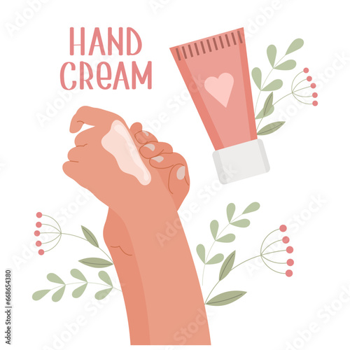 Female hands apply cream from a tube. Hand cream. Routine skin care. Daily organic cosmetics. Flat illustration. Vector