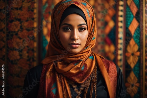Close up portrait of a beautiful Muslim woman wearing a hijab against a background of multicolored wall patterns