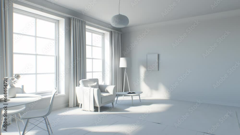 Abstract Living Room Furnishing Process Scene in Gray Material 3d Animation. Building Time-lapse. Filling Home Interior with Furniture. Architecture Design Illustration Concept 4k UHD.