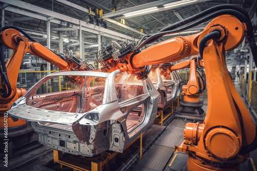 Assembly line in a car factory with robotic arms working. Automated assembly line for car production. Generative AI photo