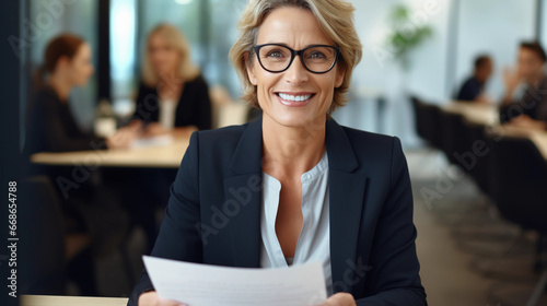 Smiling mature business hr woman holding cv at job interview. Happy mid aged professionall, manager, insurance agent, lawyer consulting clients sitting at work corporate office meeting woman photo