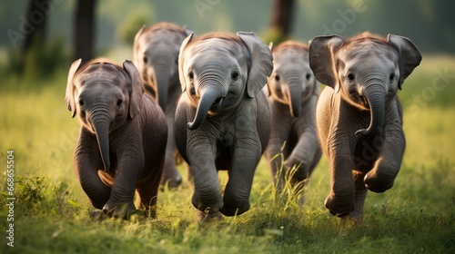 A herd of cute elephants running and playing on the green grass in the park.