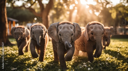 A herd of cute elephants running and playing on the green grass in the park. © sirisakboakaew