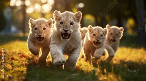 A group of cute lions running and playing on the green grass in the park. photo
