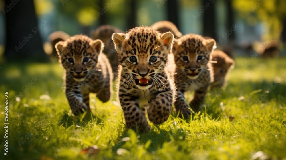 Fototapeta premium A group of cute leopards playing on the green grass in the park.