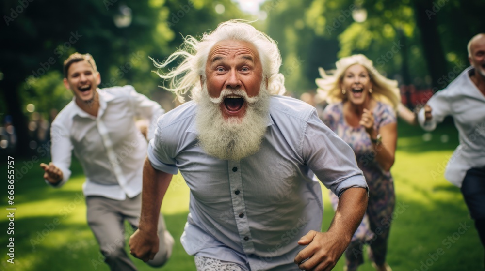 Group of old men and women. Funny, cute people running and playing on the green grass in the park