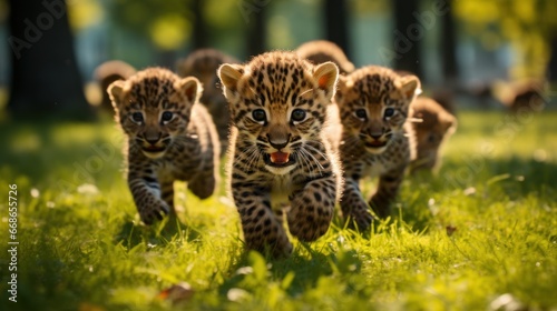 A group of cute leopards playing on the green grass in the park.