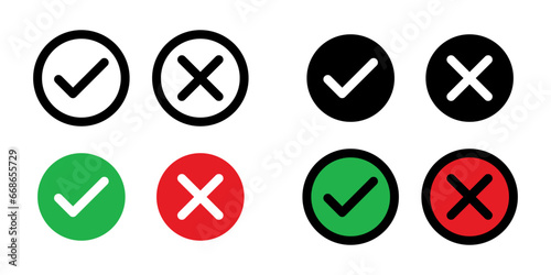 Tick and Cross check mark in a circle vector icon set for website design, app, ui, isolated on white background. Vector illustration.