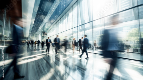 Long exposure shot of a crowd of business people walking through a bright office. Banner with fast moving people with blurring