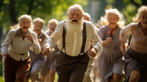 Group of old men and women. Funny  cute people running and playing on the green grass in the park